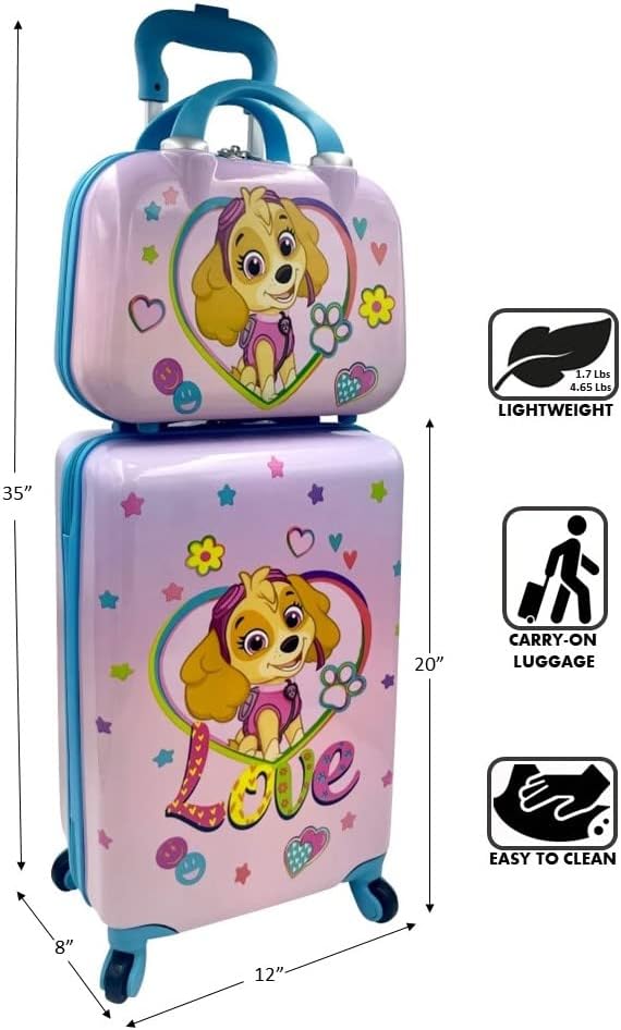 Fast Forward Kid’s Licensed Hard-Side 20” Spinner Luggage Carry-On Suitcase and Beauty Case Set (Paw Patrol- Girl)