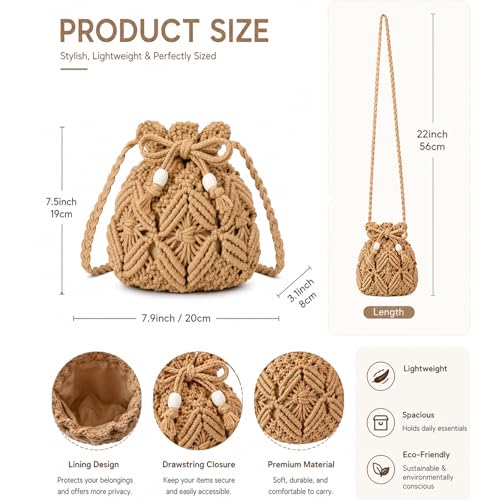 Image of Beach Bags for Women Stylish Khaki Straw Woven Crossbody Crochet Bag for Summer Seaside Vacation