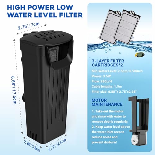 Image of GOZILLA Turtle Tank Filter 74GPH, Low Water Level Turtle Tank 3.5W Fish Tank Aquarium Filters for Small Tanks up to 15 Gallons Include 2 Replacement Cartridge.(Black)