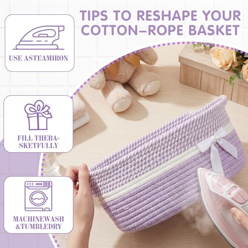 Image of Colingmill 1 Set Woven Basket for Gift Empty with Cellophane Wrap Set 14 x 10 x 5.5 Inch, Medium Decorative Gift Basket Empty to Fill, Cotton Rope Storage Box Decor (Light Purple White)