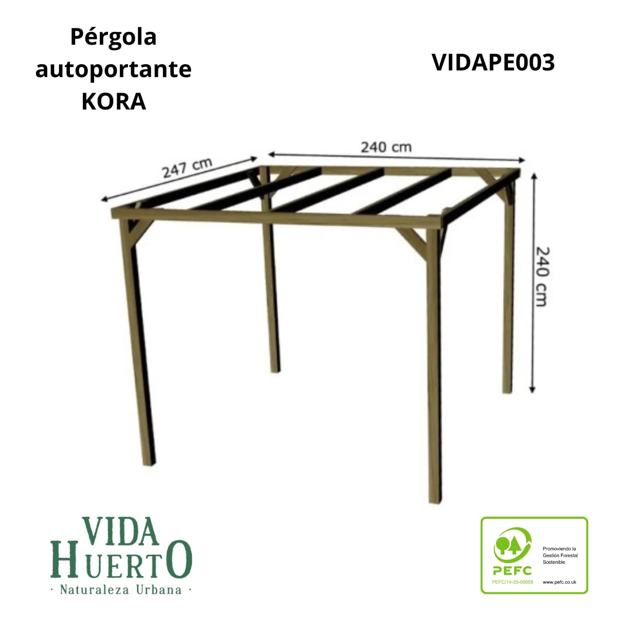 Pergola autoportante en bois gamme Kora de Vidapotager : élégance naturelle pour votre espace extérieur (bois de pin, 240 x 240 x 240 cm)