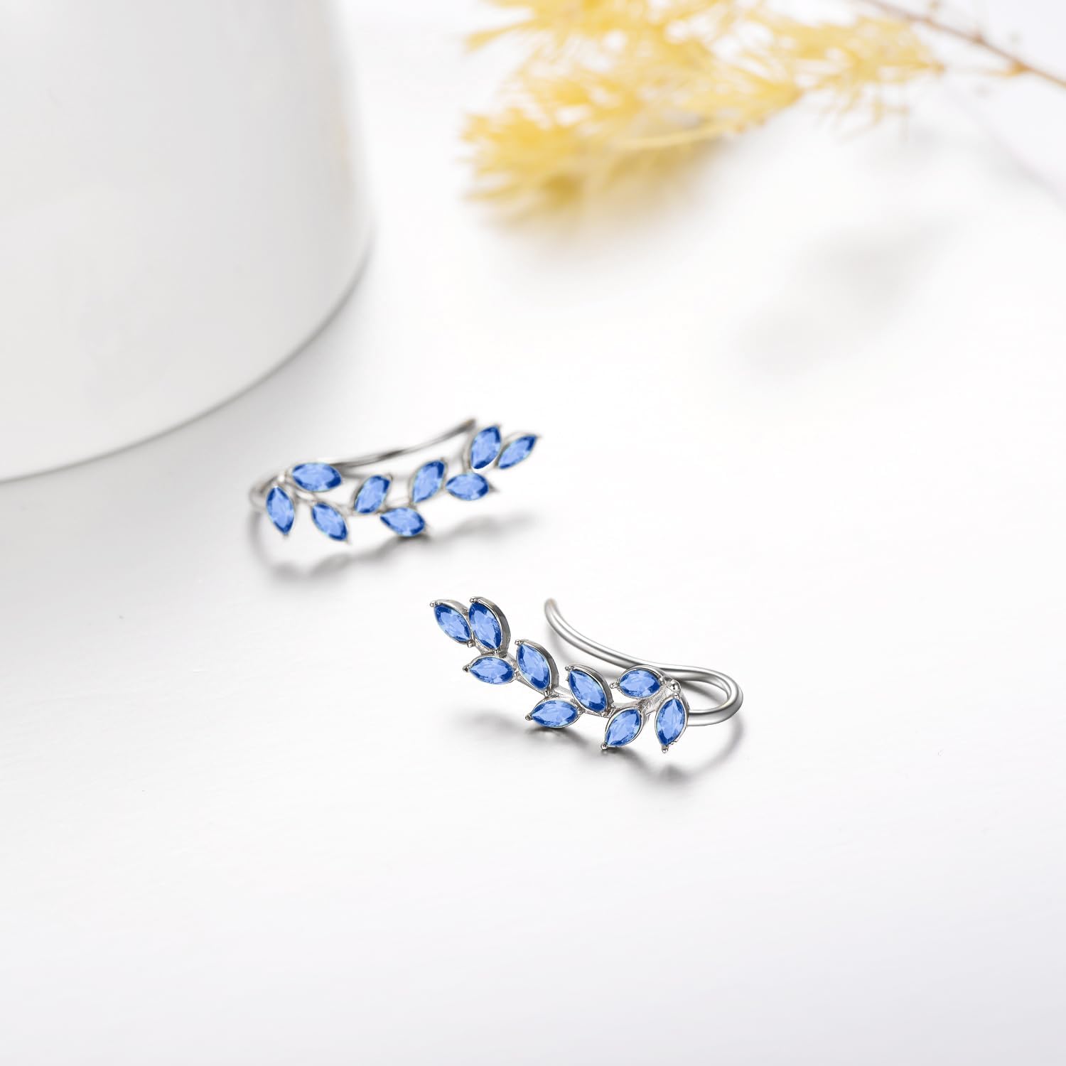 AOBOCO Leaf Ear Climbers Earrings Hypoallergenic 925 Sterling Silver Ear Crawler Cuff Earrings for Sensitive Ears, Made with Austrian Crystals - Image 3