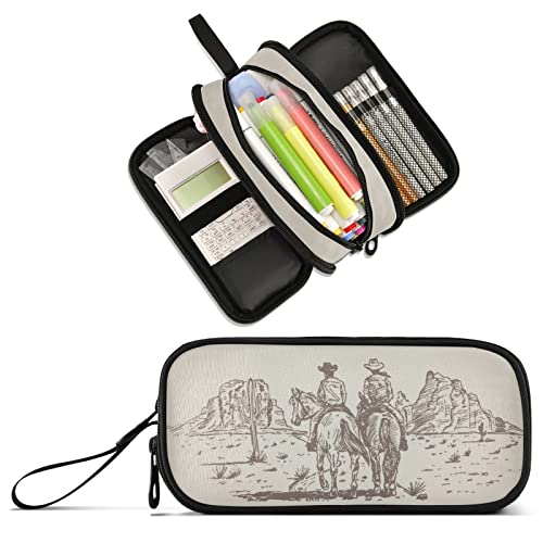 Image of Western Desert Cowboy Large Capacity Pencil Case Pencil Pouch Pen Box | 3 Compartment Large Storage Pencil Bag for Adults School Office Teen Girl Boy Men Women