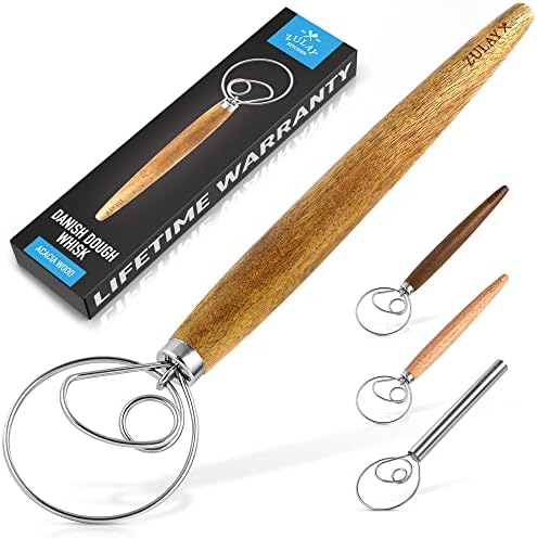 Zulay Kitchen 13 Inch Danish Dough Whisk - Large Wooden Danish Whisk For Dough With Stainless Steel Ring - Traditional Dutch Whisk Baking Tool For Bread, Batter, Cake, Pastry (Acacia Wood)