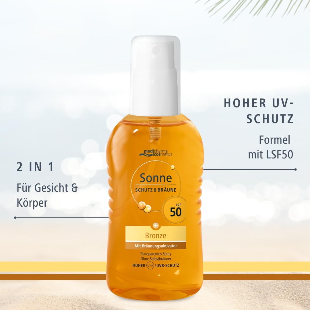 Sonne Schutz&Bräune Bronze Pump-Spray LSF 50 - Sonnenspray mit Bräunungsaktivator - zur Unterstützung der natürlichen Bräune - transparent - ohne Selbstbräuner - von medipharma cosmetics - 200 ml