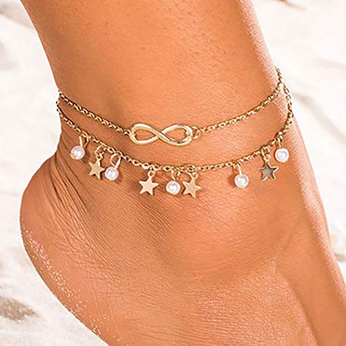Jeweky Boho Double Ankle Bracelets Gold 8 Shape Anklets Chain Pearl Beach Foot Jewelry for Women and Girls
