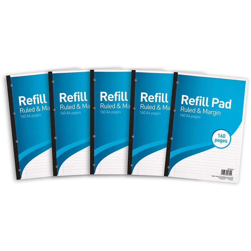 SUMMIT A4 Lined Paper, Side Bound Refill Pad, 8 mm Ruled and Margin, 160 Page, Pack of 5