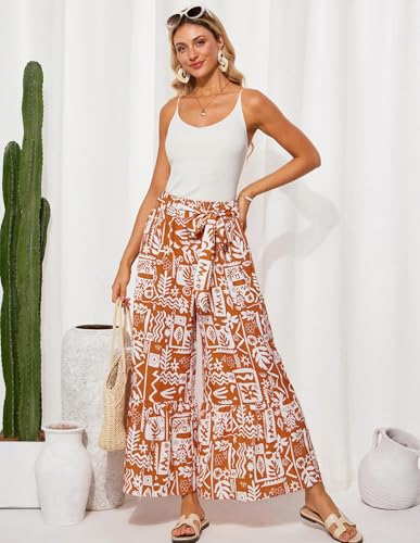 GRACE KARIN Womens Wide Leg Flowy Pants Casual 2025 Elastic Waist Loose Flowy Palazzo Beach Pants Trousers with Pockets Orange Floral XL — view 4