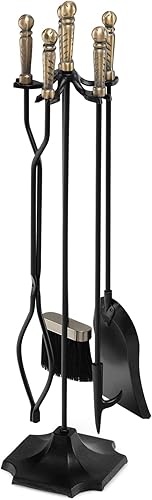Goplus Juego de herramientas para chimenea, herramientas modernas para chimenea al aire libre con póquer, pala, cepillo resistente al fuego, pinzas,