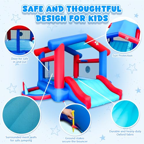 Bounce House with Slide, Kids Inflatable Bouncer with Sunshade Overhead Cover, Blower, 143 x 142 x 99 inches Backyard Bouncing Castle with Jumping Area, Ball Pit - Image 6