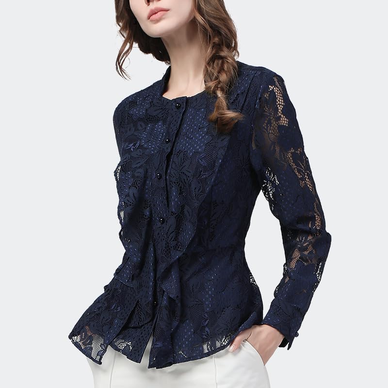 Top de Encaje con Cuello Cuadrado para Mujer, Prendas de Vestir de Cintura Estrecha y Manga Larga, Blusa Floral Calada, Camisa Coreana de otoño e Invierno (Negro S)