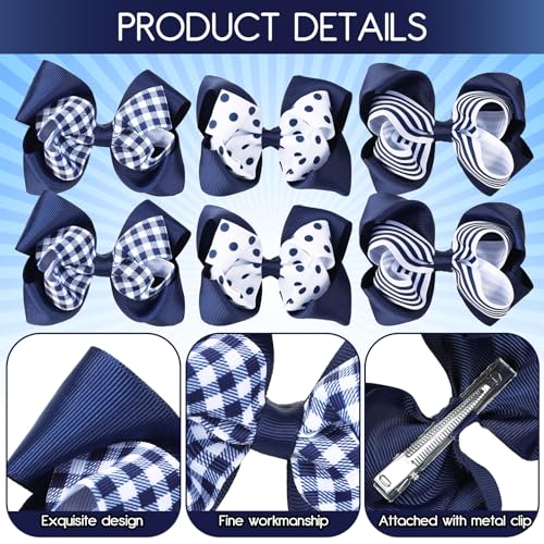 Image of Whaline Hair Bow Clips, 6Pcs Back to School Uniform Hair Accessories, Navy Blue Plaid Stripe Dot Grosgrain Ribbon Alligator Clips, 3 Styles