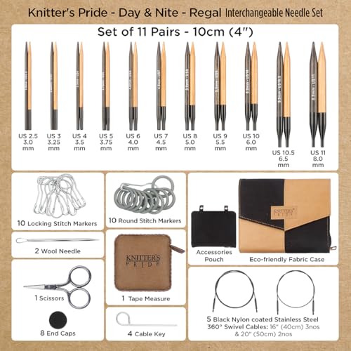 Image of Knitter's Pride Day & Nite Regal Interchangeable Needle Set 5 inch inch (13cm) - 11 US Sizes (2.5 to 11)