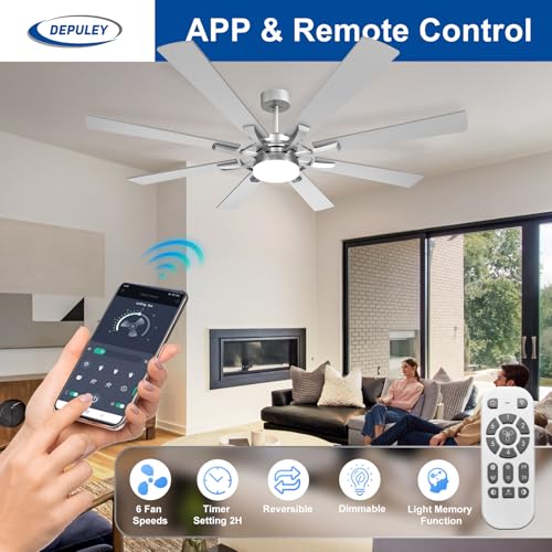 Image of Depuley 72-Inch Ceiling Fan with Light: Modern 8-Blade Brushed Nickel Indoor Outdoor Fans with Remote App Control Dimmable Light - Ultra Quiet DC Motor Reversible 6 Speed Timer