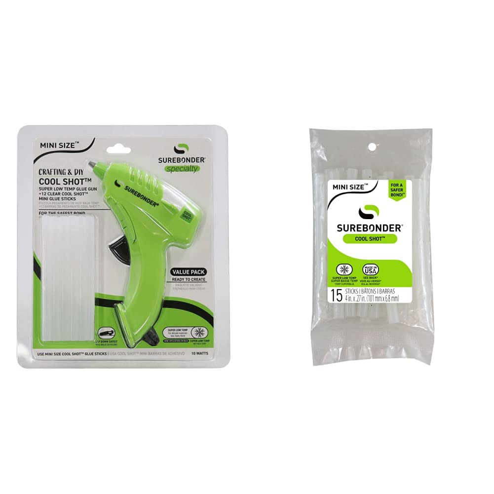 Surebonder Ultra Low Temperature Cool Shot Mini Glue Gun & CS15 CoolShot Low Temp Glue Sticks, 4", 15 per Pack (FPRCS15)