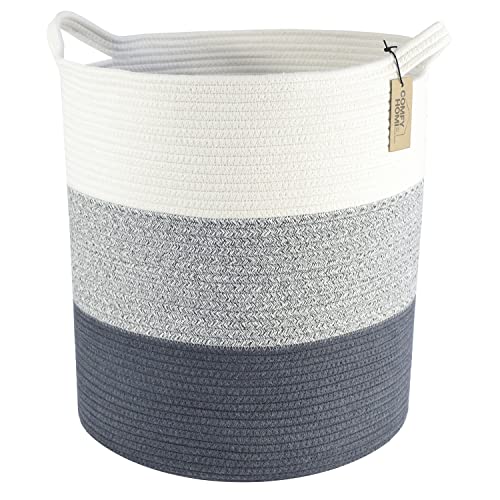 Image of COMFY-HOMI XXL Large Laundry Basket with Handles Blanket Baskets Living Room|Woven Cotton Rope Decorative Basket Laundry Hamper Baby Gift Nursery Dog Toy Storage Organizer Bin-16”x18”-3Tone Grey