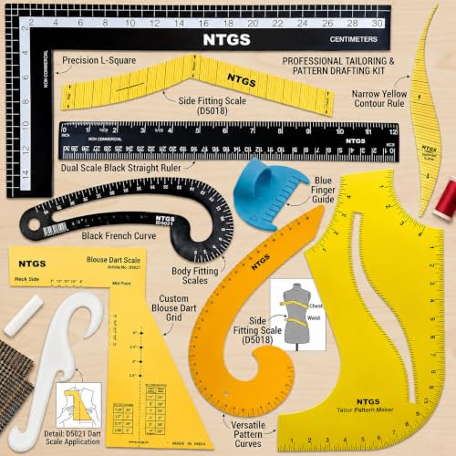 Image of NTGS Professional Tailoring Ruler Set, Pattern Drafting Kit with L-Square, French Curve, Blouse Dart Scale, Side Fitting Scale & Measuring Rulers for Sewing, Boutique, Fashion Designing Set of 10