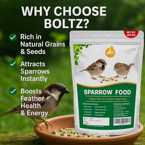 Image of Boltz Premium Sparrow Food, Natural Mix of Seeds & Grains, Daily Nutrition for House Sparrows & Wild Birds, Rich in Protein, Fiber & Vitamins, Clean, Fresh & Easy to Digest (450 Gram)