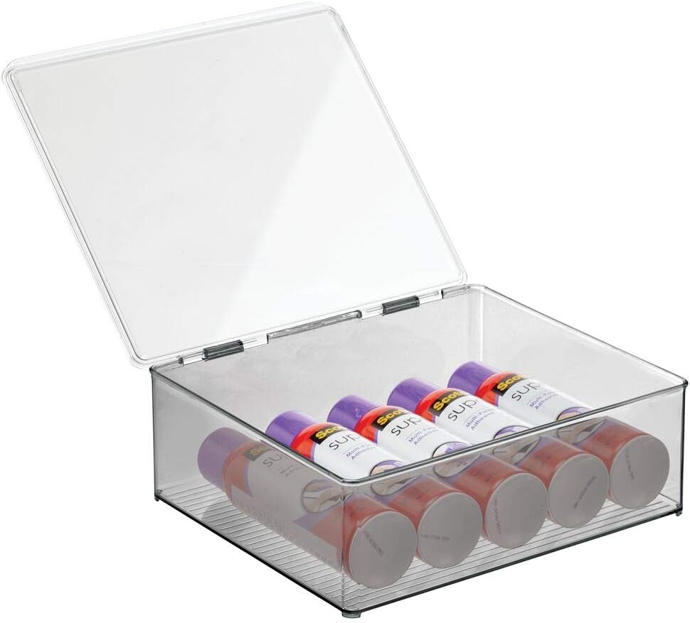 mDesign Plastic Stackable Home, Office Supplies Storage Organizer Bin Box with Attached Lid - Holder Container Bin for Note Pads, Gel Pens, Staples, Dry Erase Markers, Tape - Clear/Smoke Gray: Home & Kitchen