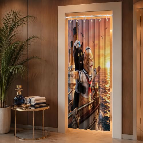 Image of Small Stall Shower Curtain Rv Black Cat, 48 x 72 Inchs | for Camper Stand Up Shower, Fun Orange Cat Pattern Design, Narrow Bathroom Decor Sets Waterproof Cloth Fabric, with Hooks