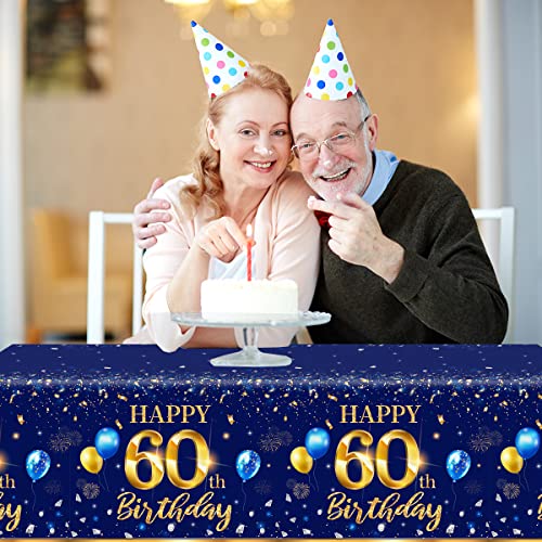 Grehumor 60Th Birthday Decorations Men-3Pcs Navy Blue 60Th Birthday Table Covers Rectangle Waterproof Plastic Gold Blue Birthday Tablecloth For Men 60Th Birthday Party Supplies #TOP2