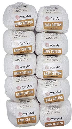 10 x 50g Strickwolle YarnArt Baby Cotton mit 50% Baumwolle, 500 Gramm Wolle einfarbig (weiß 400)