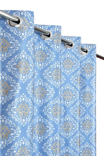 Image of Polyester Nexus Design Printed Room Darkening Door Curtain 7 Feet Set of 2 | Blackout Curtains for Bedroom Living Room Decor - Blue