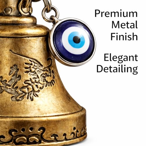 Image of Guardian Bell for Bike Riders, Guardian Bell Keychain with Evil Eye Charm, Metal Lucky Travel Amulet for Car Keys, Meaningful Gift for Men and Women (Antique Gold)