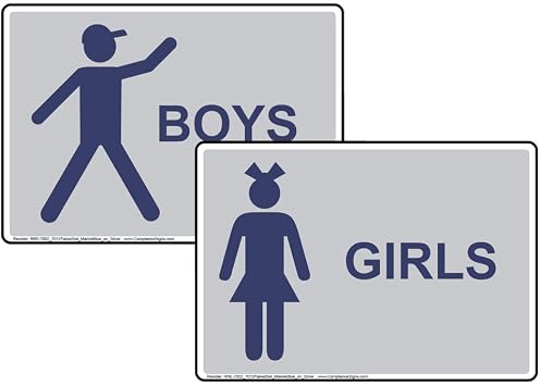 Girls Boys Bathroom Signs 2-Piece Set, 7x5 inch Silver Plastic for Restrooms