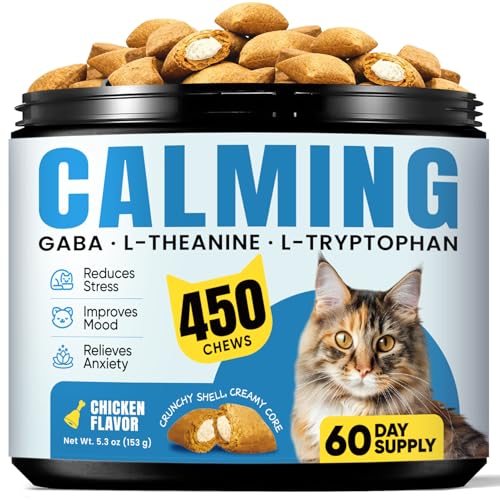 Calming Cat Treats with GABA for Anxiety Relief - Calming Cat Chews Help Reduce Stress & Promote Relaxation Melatonin for Cats for Grooming Travel Vet Visits & Separation Anxiety - Chicken Flavor