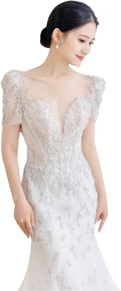 GREOENEL Amor Luxury Mermaid Wedding Dress Sequined Long Sleeve Chapel Train Shiny Beadings Vintage Beach Party Bridal Gowns