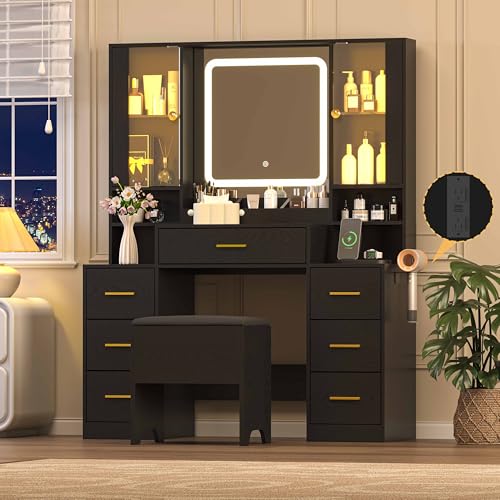 Wodeer Black Makeup Vanity Desk with Mirror & Lights, Modern Vanity Table with Charging Station, 7 Drawers, Glass Cabinet, Shelves & Cushioned Stool, Bedroom Dressing Table Set for Women & Girls