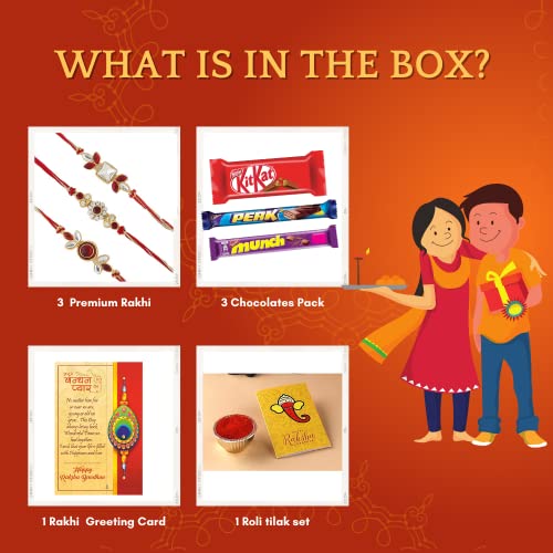 Image of CraftVatika Kundan Rakhi Set of 3 for Brother with Chocolate Gift Combo for Rakshabandhan with Greeting Card