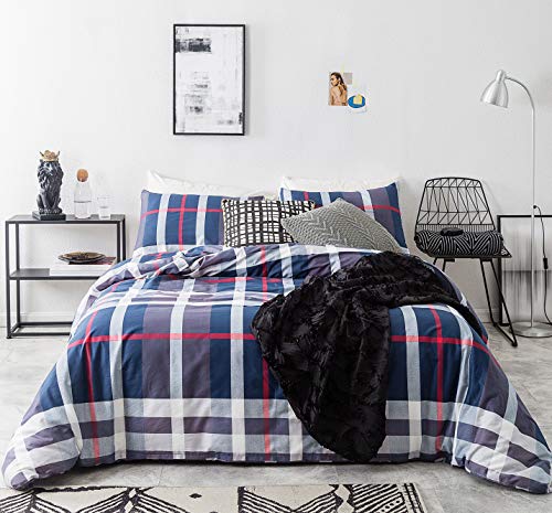 YuHeGuoJi Duvet Cover Set 100% Cotton King Size Tartan Bedding 3 Pieces Set 1 Navy Red Striped Plaid Print Duvet Cover with Zipper Ties 2 Pillowcase Hotel Quality Soft Breathable Comfortable