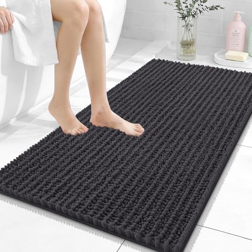 Image of OLANLY Bathroom Rug Mat 44x24, Thick Soft and Absorbent Chenille Bath Mat, Non-Slip Rubber Backing, Machine Washable Quick Dry Bath Rugs for Tub Shower Floor, Home Decor Accessories, Dark Grey