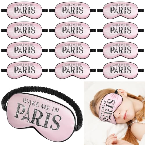 Shyyween 12 Pcs Paris Party Favors Bride Sleep Masks Silk Eye Mask for Women Wake Me in Paris Pink Satin Blindfold for French Bachelorette Weekend Wedding Birthday Sleepover Gift