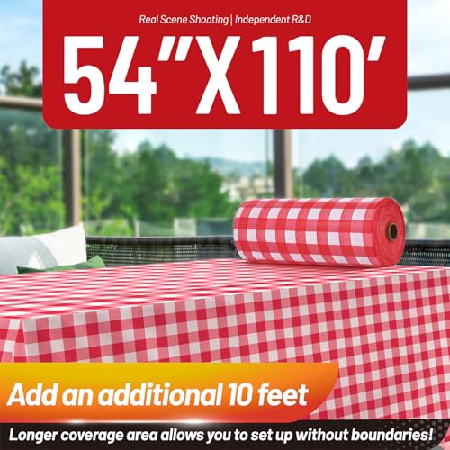 Image of Plastic Table Cloth, 110 Ft X 54 In Disposable Tablecloth Red and White Checkered Tablecloth with Any Cut Sliding Cutters Premium PEVA Plastic Table Cloth Disposable for Picnic, Parties, Festivals