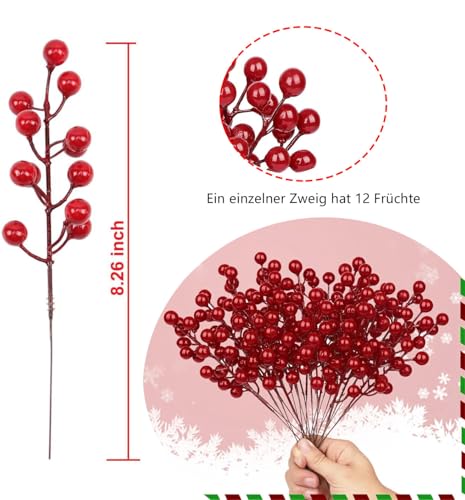 LATRAT 20 Stück Künstlicher Beerenzweig, Rote Beeren Deko, Künstliche Beeren Rot, Rote Beeren Deko Weihnachten für Weihnachtsbaum Dekoration DIY Handwerk Hochzeit, Party Winter Dekoration – Bild 2