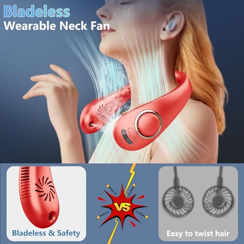 Image of Neck Fans for Women Rechargeable-Foldaway Personal Fan with Water Mist,Wearable Hanging Fan Around Neck,Small USB Rechargeable Neck Cooler for Mother's Day Father's Day Adults Kids Birthday Gifts Red