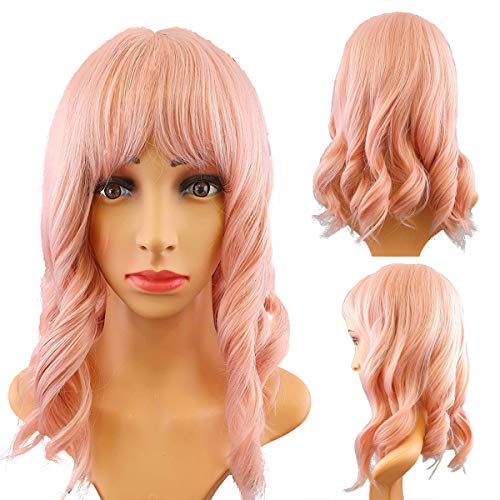 CNFCO 14 Inch Pink Short Curly Synthetic Hair Wig with Air Bangs for Women, High Temperature Fiber, Cosplay Wig
