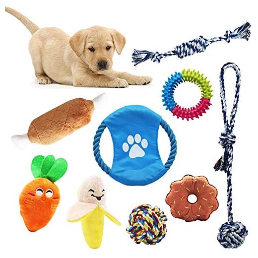 AWIIK - Juguetes para Perros Cachorros, pequeños y medianos. Pack de 9 Juguetes de Cuerdas, frisby, Pelota y Peluches para morder. Piezas durables y Resistentes.