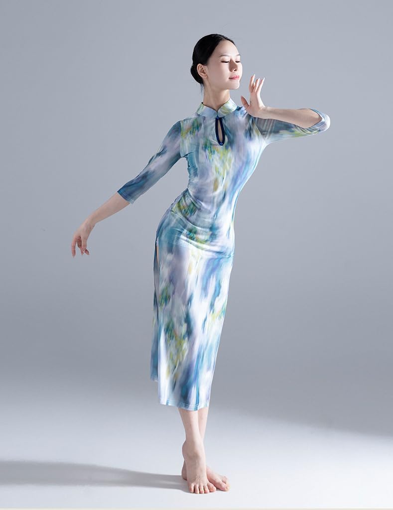 HEARTTOUCH Women Chinese Style Cheongsam Qipao Dance Dress - Floral Lyrical Training Costume With Shorts and Mesh