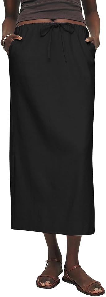 IDEALSANXUN Womens Linen Skirts Trendy Elastic Waist Drawstring Long Skirts with Slit