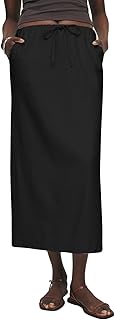 Sponsored Ad - IDEALSANXUN Womens Cotton Linen Skirts Trendy Elastic Waist Drawstring Long Skirts with Slit