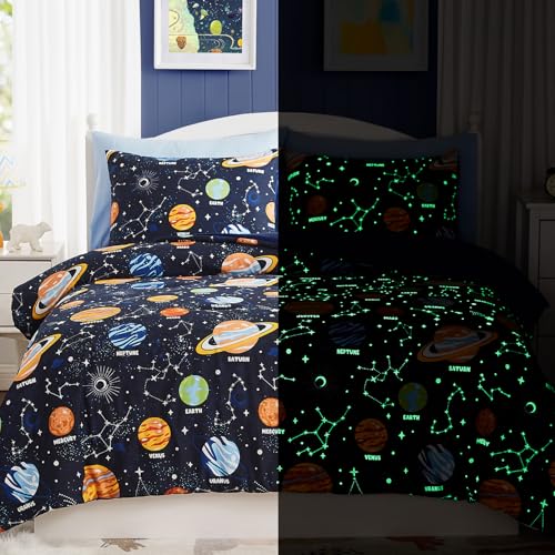 Full Size Comforter Set for Boys-7 Pieces Space Glow in The Dark Full Bedding Sets for Kids, Ultra Soft Bed in A Bag with Sheets