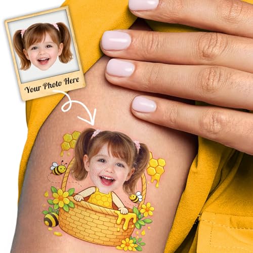 Image of Custom Bee Temporary Tattoos for Kids - Set of 20 | Personalized Pre-Cut Face Photo, Birthday Party Favors, For Boys Girls, Bee Lovers