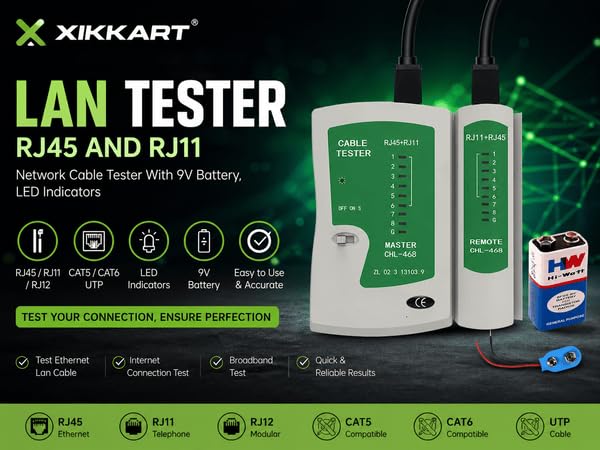 XIKKART Lan Tester, RJ45 And RJ11 Network Cable Tester With 9V Battery, LED Indicators RJ12 CAT5 CAT 6 UTP Ethernet Lan Cable Tester Test Tool For Internet Broadband Connection Test, Battery
