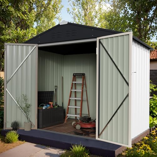 Image of GUNJI 8 x 6 FT Shed Outdoor Storage Shed Metal Garden Shed with Lockable Door Outside Waterproof Tool Shed for Backyard, Patio, Lawn (White)