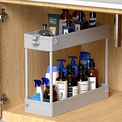 SPACEKEEPER Under Sink Organizers Storage, Bathroom Under Sink Shelf Basket, 2 Tier Bath Organizers and Storage Rack with Hooks, Undersink Kitchen Shelf Multi-Purpose, 40x13x31cm, Grey Cover
