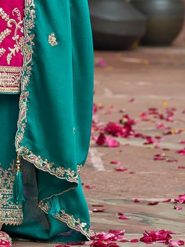 Image of INDO ERA Women's Silk Blend Embroidered Straight Kurta & Pant With Dupatta Set (IEOUT10592)